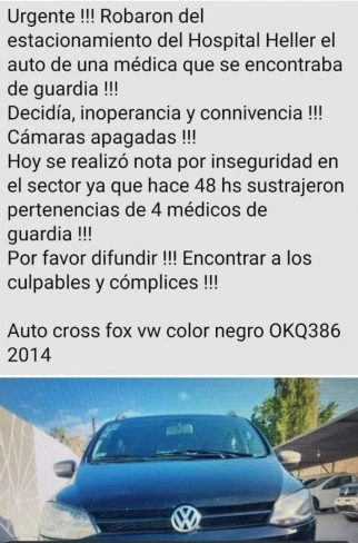 Robaron el auto de una médica que se encontraba de guardia el jueves por la noche en el hospital Horacio Heller. (Fuente Facebook)